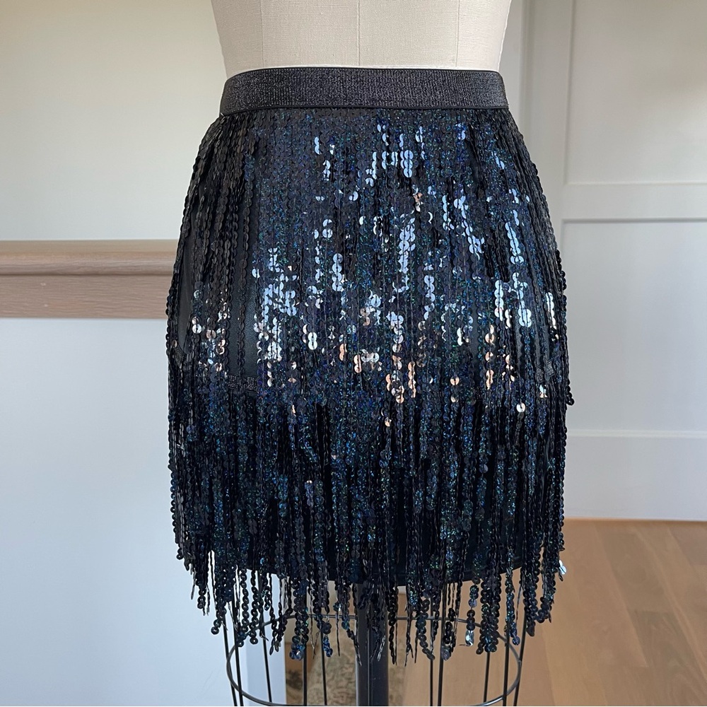 Black & Blue Sequin Fringe over Black Vegan Leather Mini Skirt Size 0-2